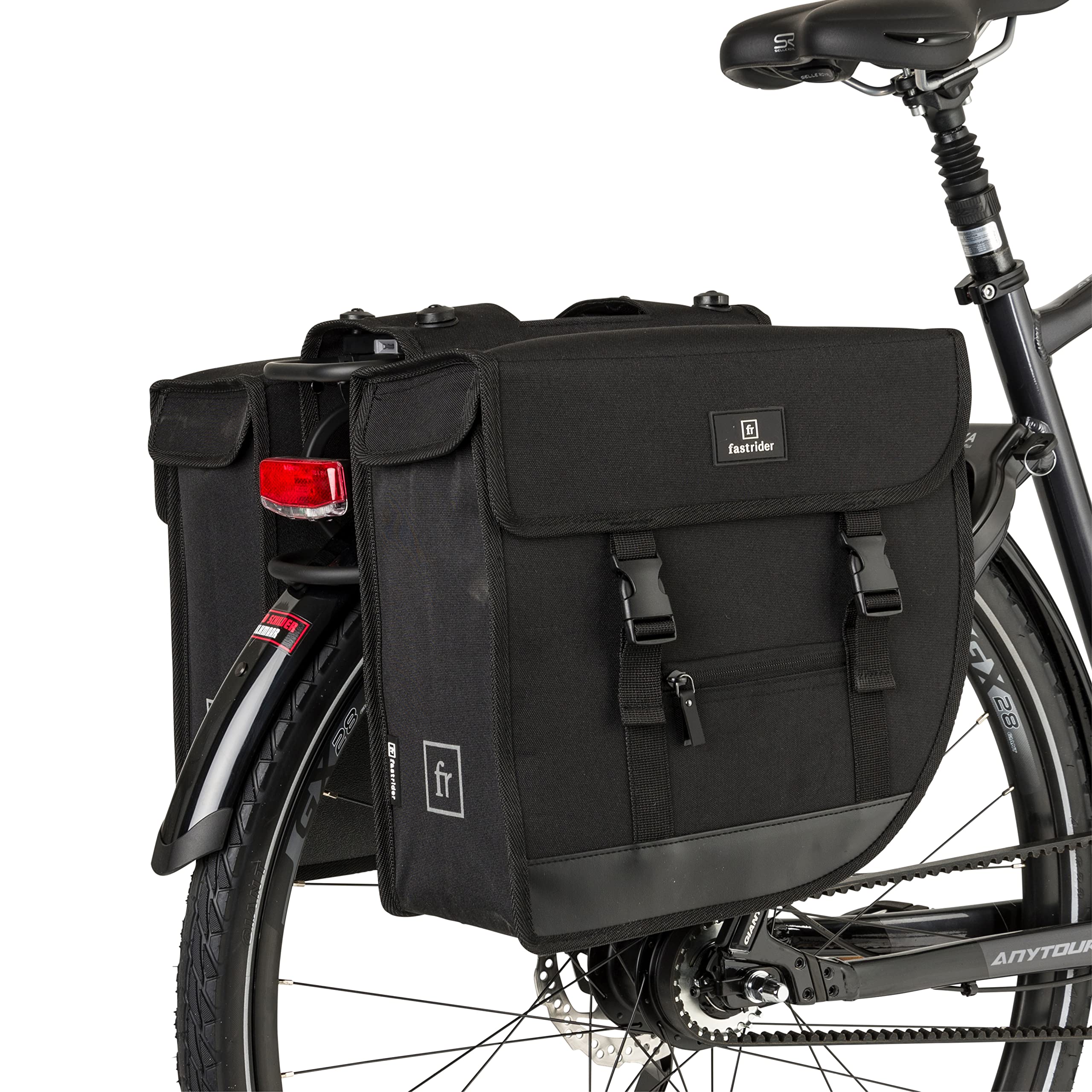 FastRider Hybrid Doppelte Fahrradtasche für Gepäckträger, 26L Seitentasche Fahrrad, Gepäckträgertasche Wasserabweisend, Reflektierend, Einfache Montage, Recyceltes Polyester - Schwarz