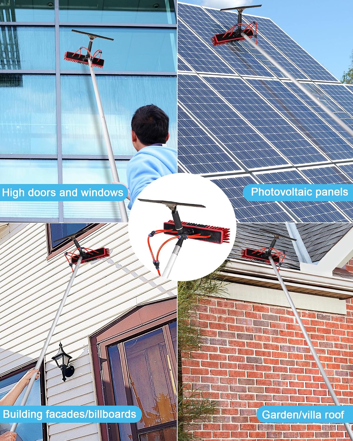 Solar Panel Cleaning Kit, 40ft Water Fed Poles, Long Hose, Brush & Squeegee, 2 Dusting Brush for Solar Panel High Window Roof Cleaning