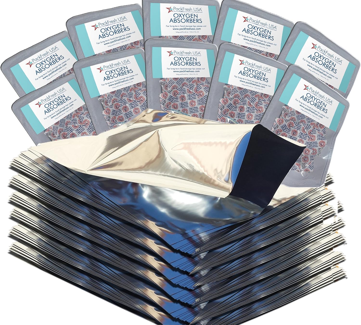 PackFreshUSA: One Gallon Genuine Mylar Bags (10" x 14”) - 500cc High Capacity Oxygen Absorber Packs - Rounded Corners - Heat Sealable - Free Long-Term Food Storage Guide - 100 Pack
