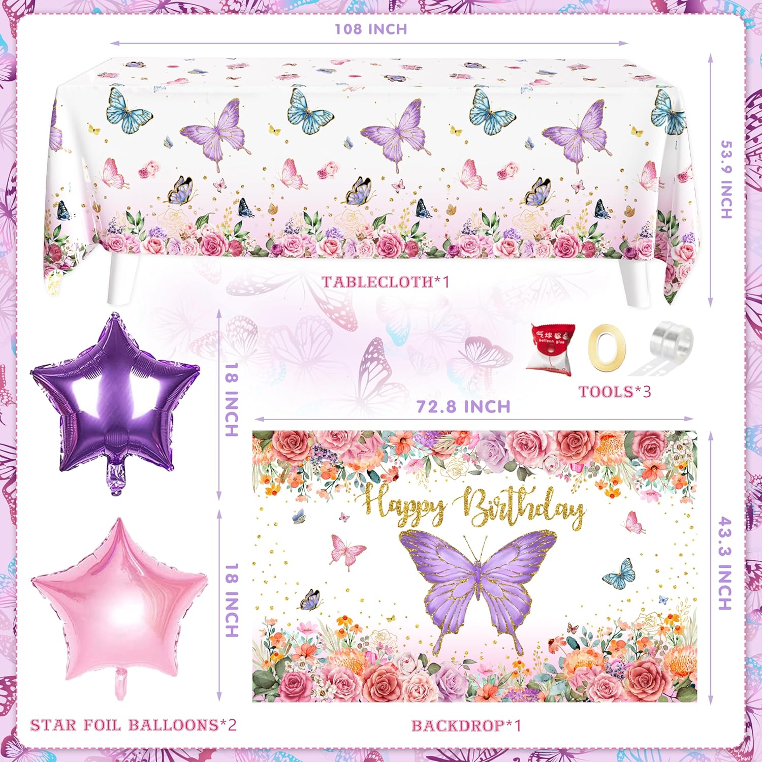 Butterfly Birthday Decorations Party Supplies for Girls Women with Pink Purple Balloon Arch Kit Backdrop Tablecloth Butterfly Wall Decor Foil Balloons Cake Toppers - Image 2