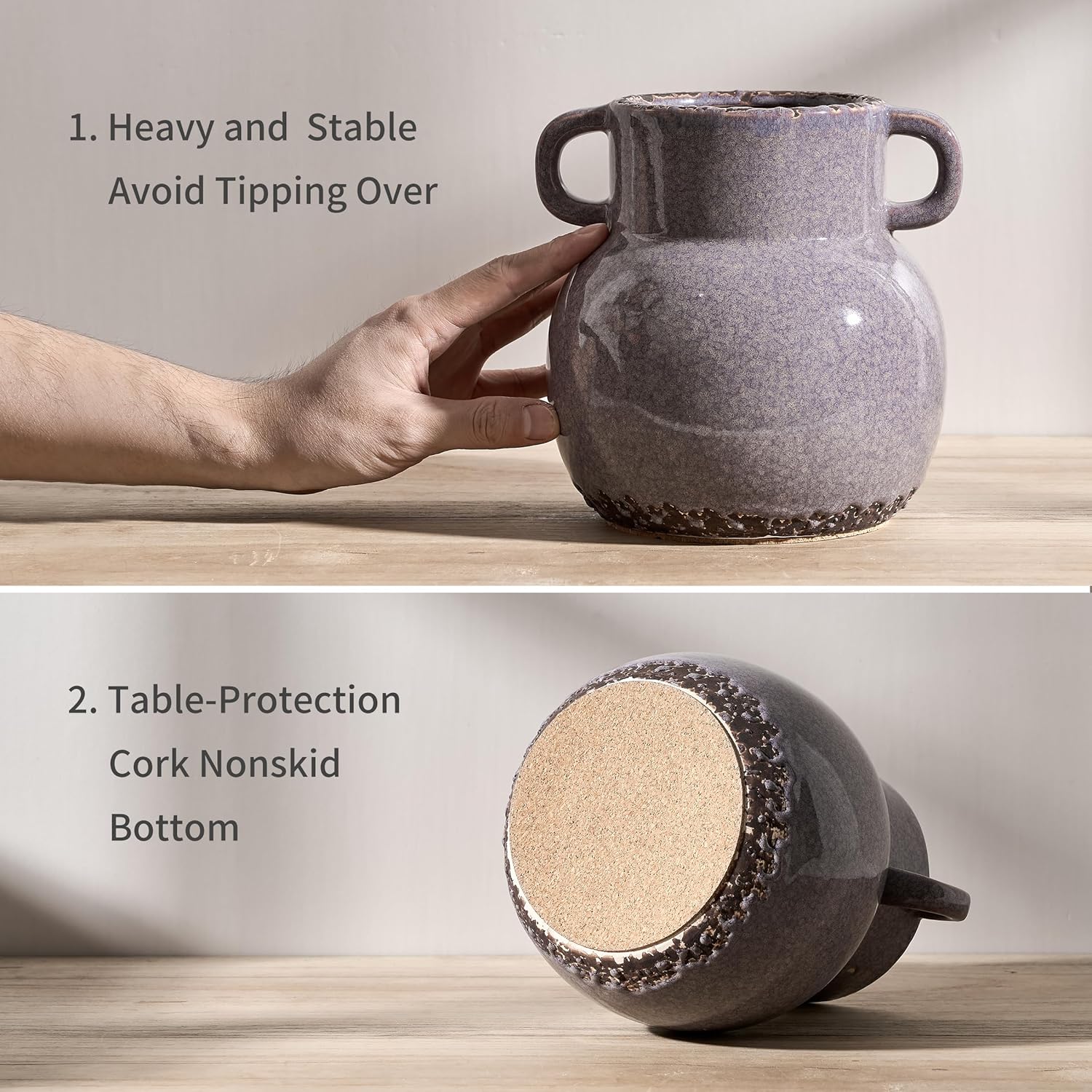 JIEMEI HOME Kitchen Utensil Holder with Handle, 6.85" Ceramic Farmhouse Stable Utensil Crock for Countertop, Utensil Organizer with Cork Bottom, Spatula Holder For Kitchen Decor, Purple