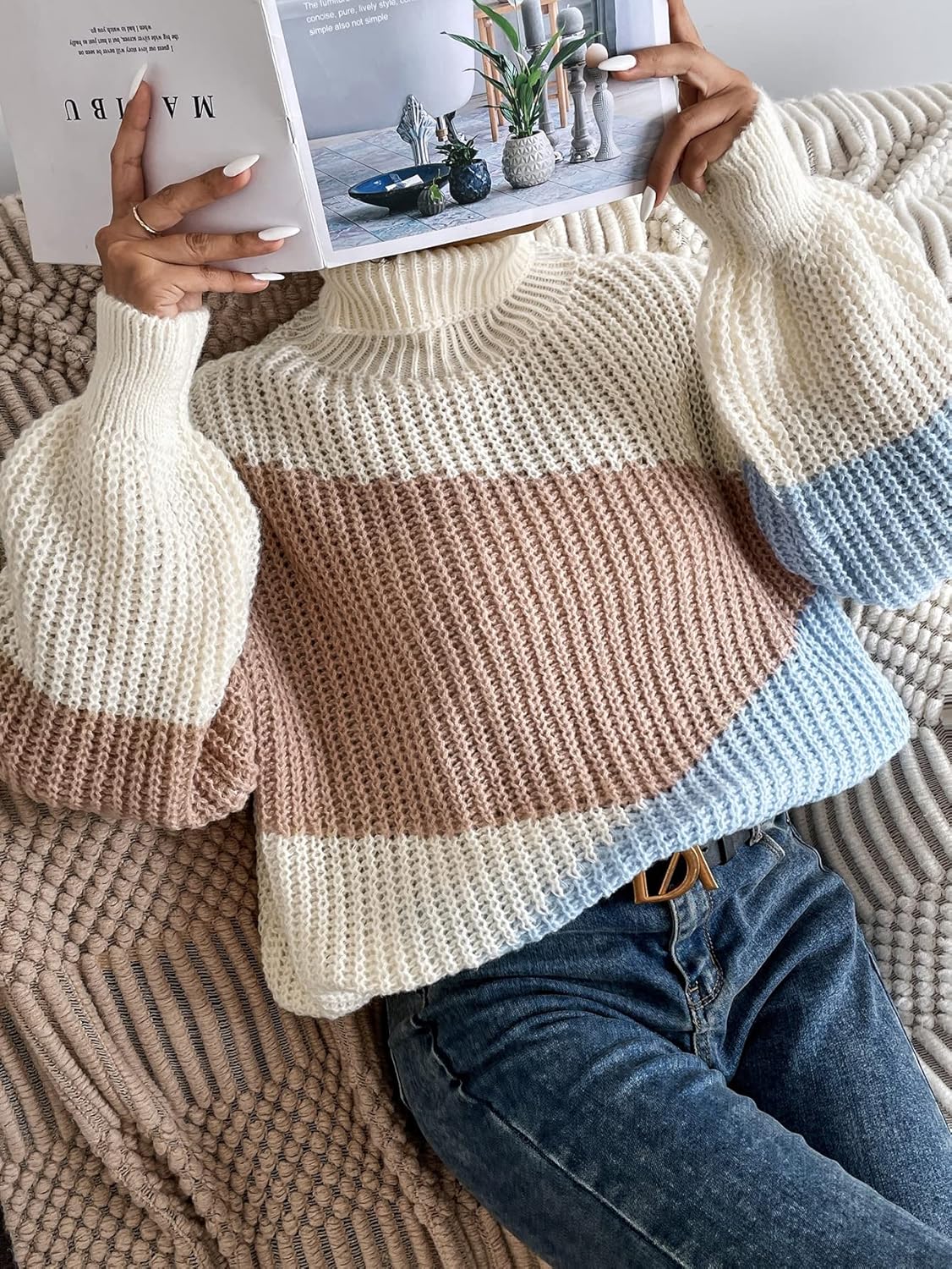 Sweater Womens Sweater Turtleneck Bishop Sleeve Colorblock Oversized Sweater (Color : Multicolor, Size : Large)