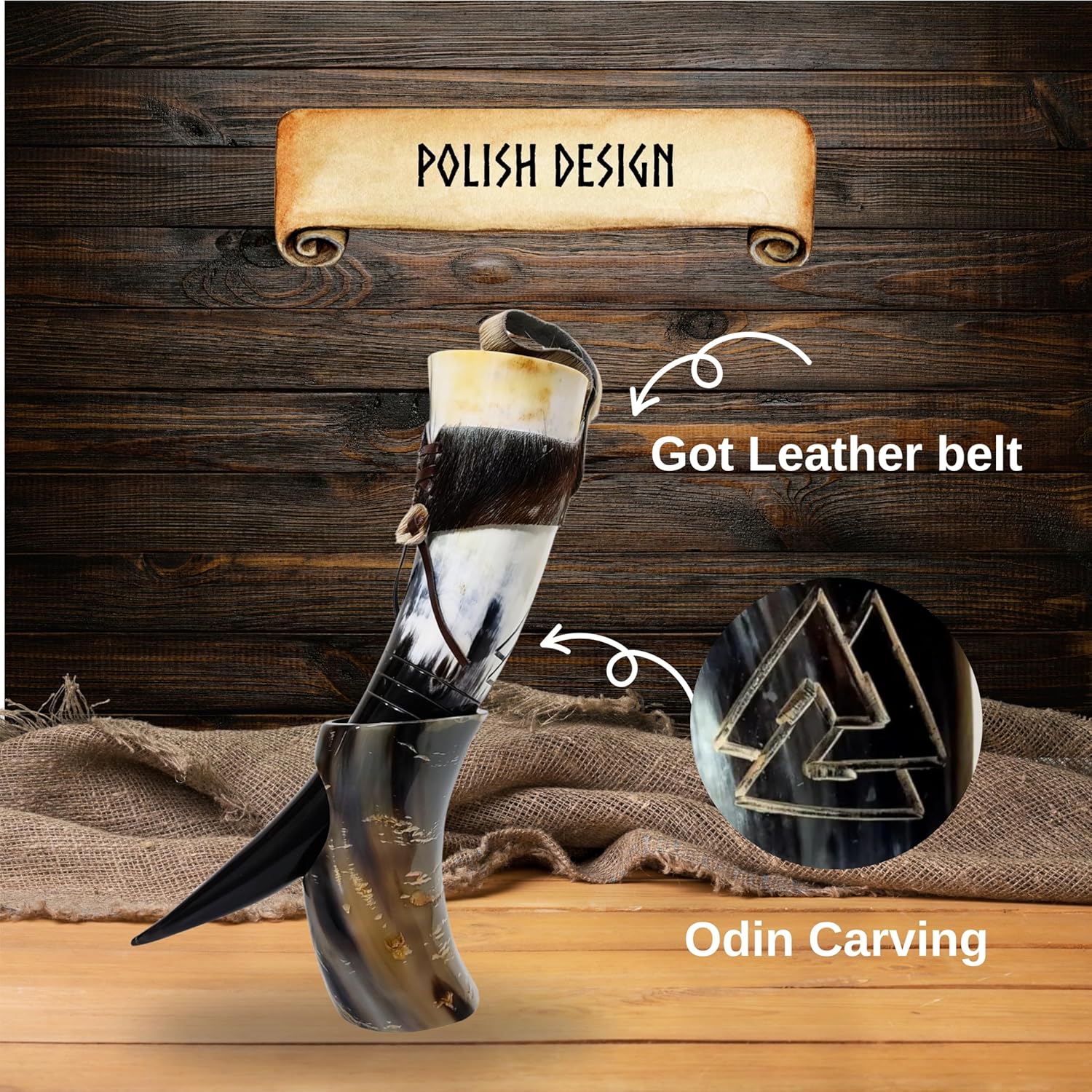 Genuine Ox Wine/Mead Drinking Odin engraved Horn Medieval Viking Cup - Authentic Medieval Inspired Mug with stand and holster by Vikings Valhalla