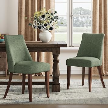 COLAMY Upholstered Dining Chairs Set of 2, Mid Century Modern Kitchen Chairs with Back, Farmhouse Fabric Side Dining Room Chairs with Wood Legs for Dining Room Restaurant, Green