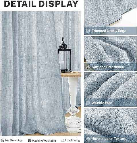 Miniatura 3 de Cortinas de lino azul polvoriento de 84 pulgadas de largo para sala de estar, juego de 2 paneles con pestaña trasera, estilo bohemio, filtrante de
