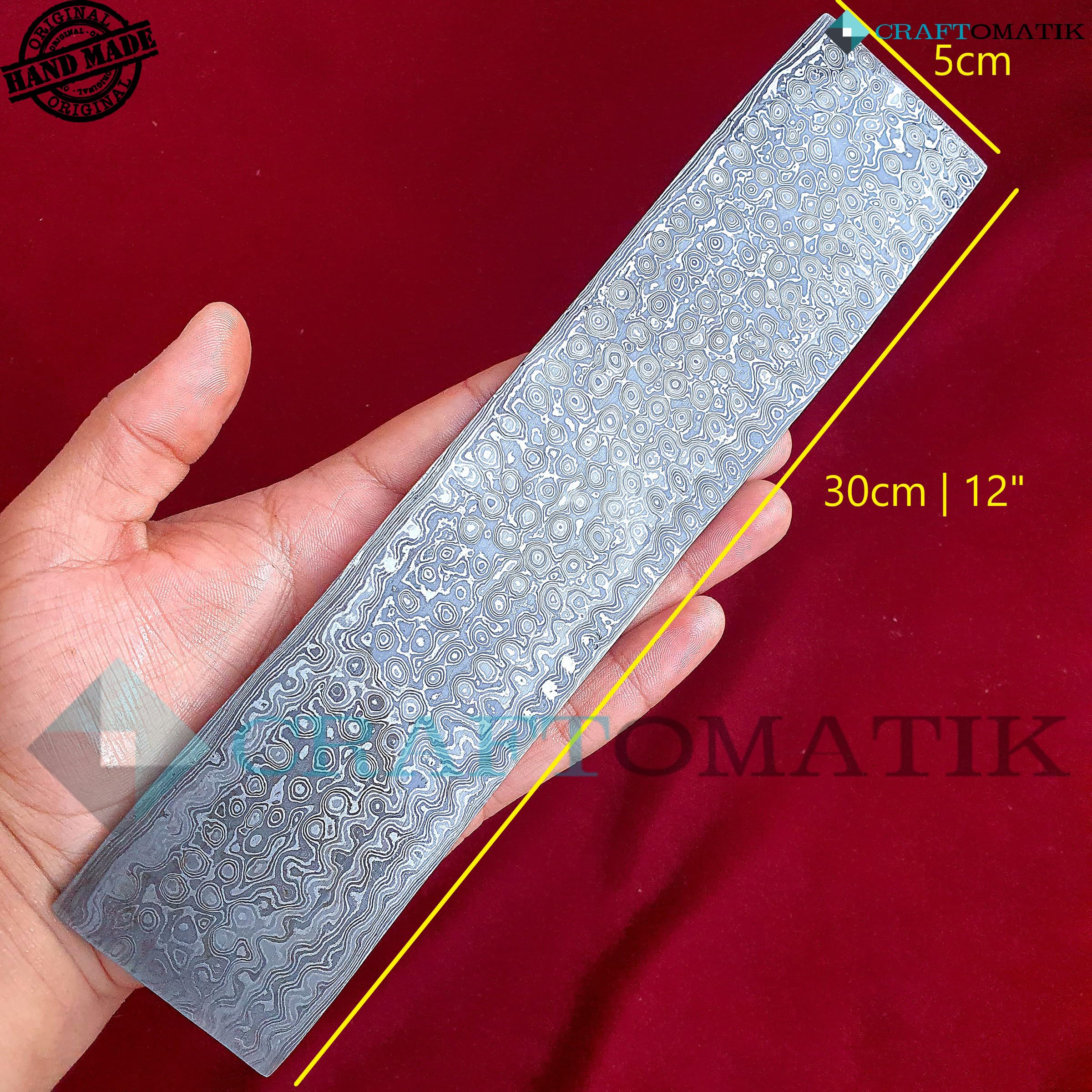 Płyta ze stali damasceńskiej | stal surowa płyta damasceńska | 1095 + 15N20 stal damasceńska | 30 cm - 12" | wzór RAIN DROP - DB03
