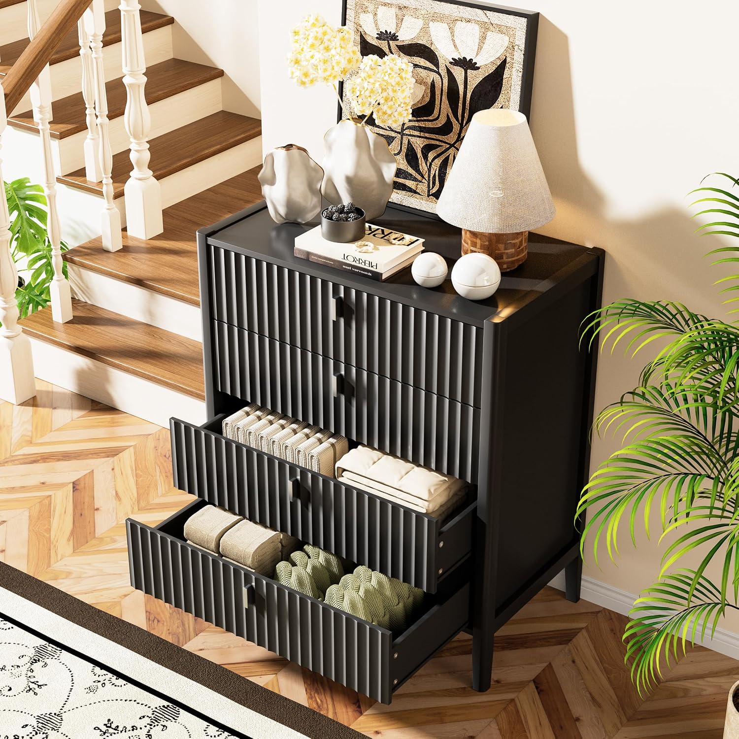 Furniway Black 4 Drawer Dresser, 31.5" Wide Modern Chest of Drawers with Fluted Front and Metal Handles, Storage Dresser for Bedroom, Living Room, or Entryway