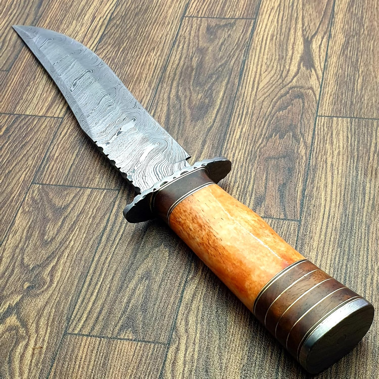 HK-80 Handmade Damascus Steel Knife for Hunting, Survival, Camping, Skinning, Bushcraft, Fixed Blade Full Tang Bone Handle, with Leather Sheath., Oring, KZ-59