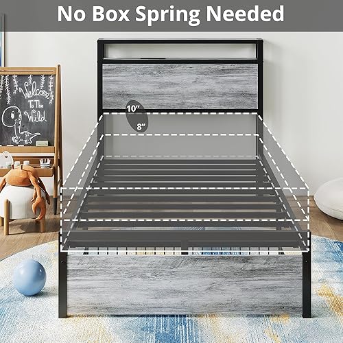 Miniatura 35 de LIKIMIO Base de cama individual con cajón, cabecera de almacenamiento con tomas, no necesita somier, fácil montaje, marrón oscuro Marrón oscuro,Gris