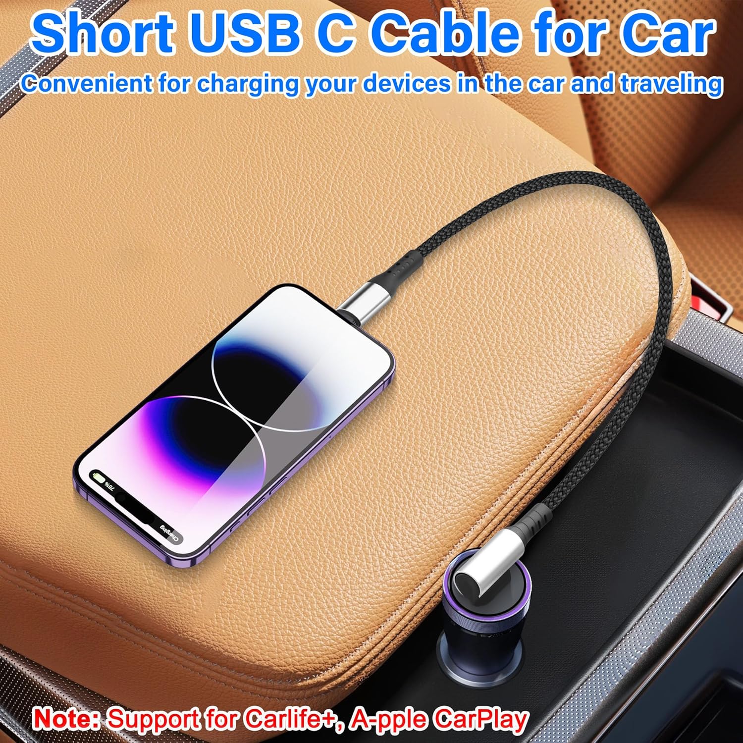 Short USB Type C Charging Cable USB A to C Cable 6A Fast Charging Cord 90 Degree Type C Charger Cable for Car Cell Phone Tablet and USB C Devices 9.8in (Right Angle A to C) - Image 4