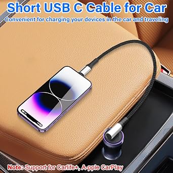 Short USB Type C Charging Cable Right Angle USB C Short Cable 6A Fast Charging Cord 90 Degree Type C Charger Cable for Car Cell Phone Tablet and Usb C Devices 9.8in(Right Angle USB A to C)