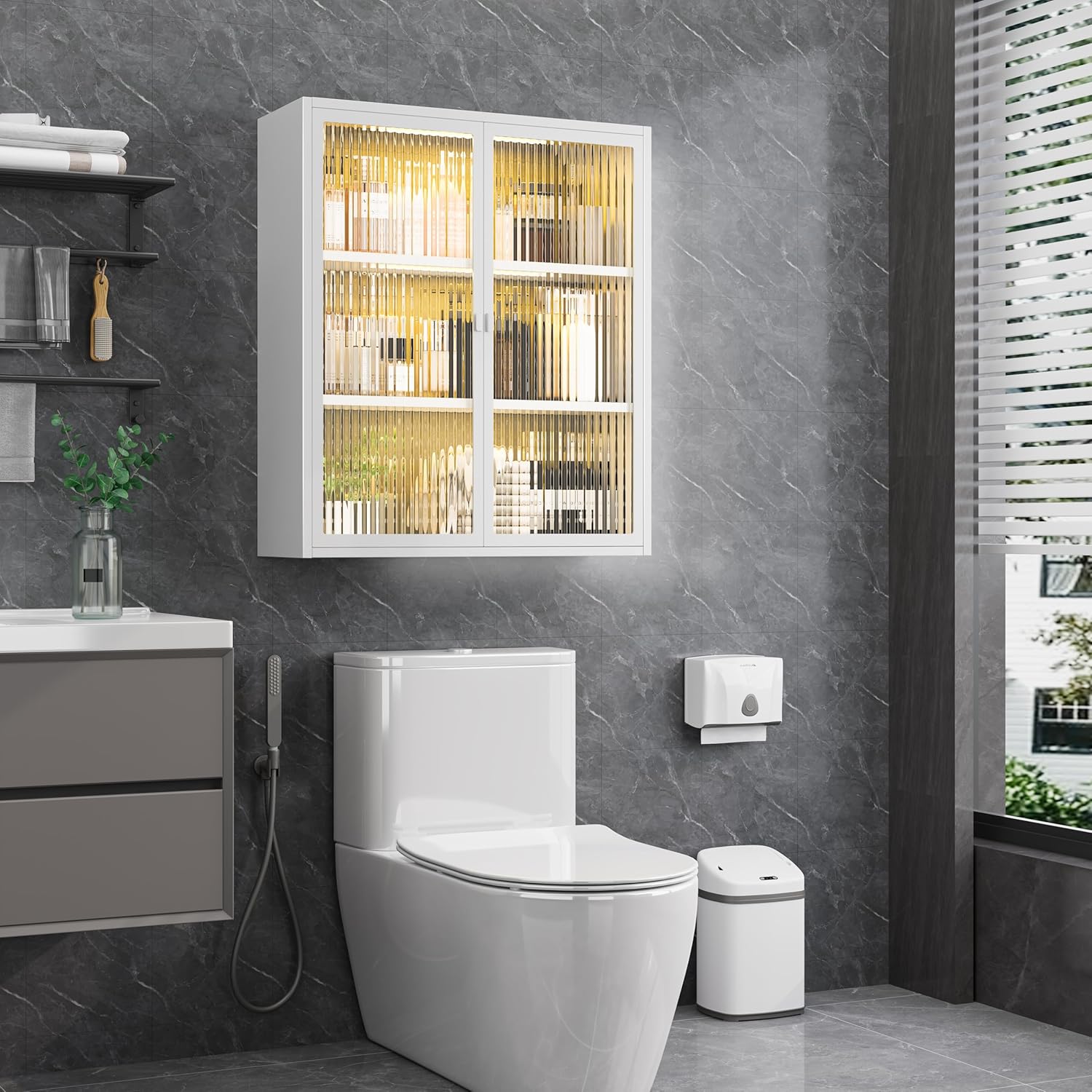 Metal Bathroom Cabinet Wall Mounted,Hanging Medicine Cabinets with 2 Glass Doors,White 3-Tier Over The Toilet Wall Storage Cabinet,Wall Cabinet for Bathroom Laundry Room Kitchen