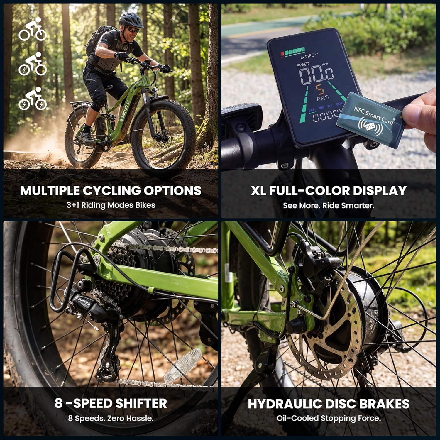 ESKUTE Electric Bike for Adults - 48V20.8Ah Battery Ebike up to 80 Miles, Peak 1500W Brushless Motor, 32MPH, 26x4.0 Fat Tire Step-Over Mountain Ebike, 8-Speed, Full Suspensions E-Bike