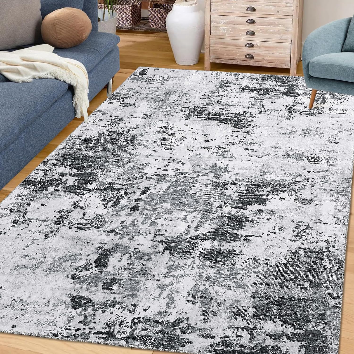 Area Rug for Bedroom 6x9 Abstract Area Rug Machine Washable Area Rug for Living Room Bedroom Non-Slip Backing Rug Low PileFoldable Thin Rug, Grey 6 x 9 Feet Grey