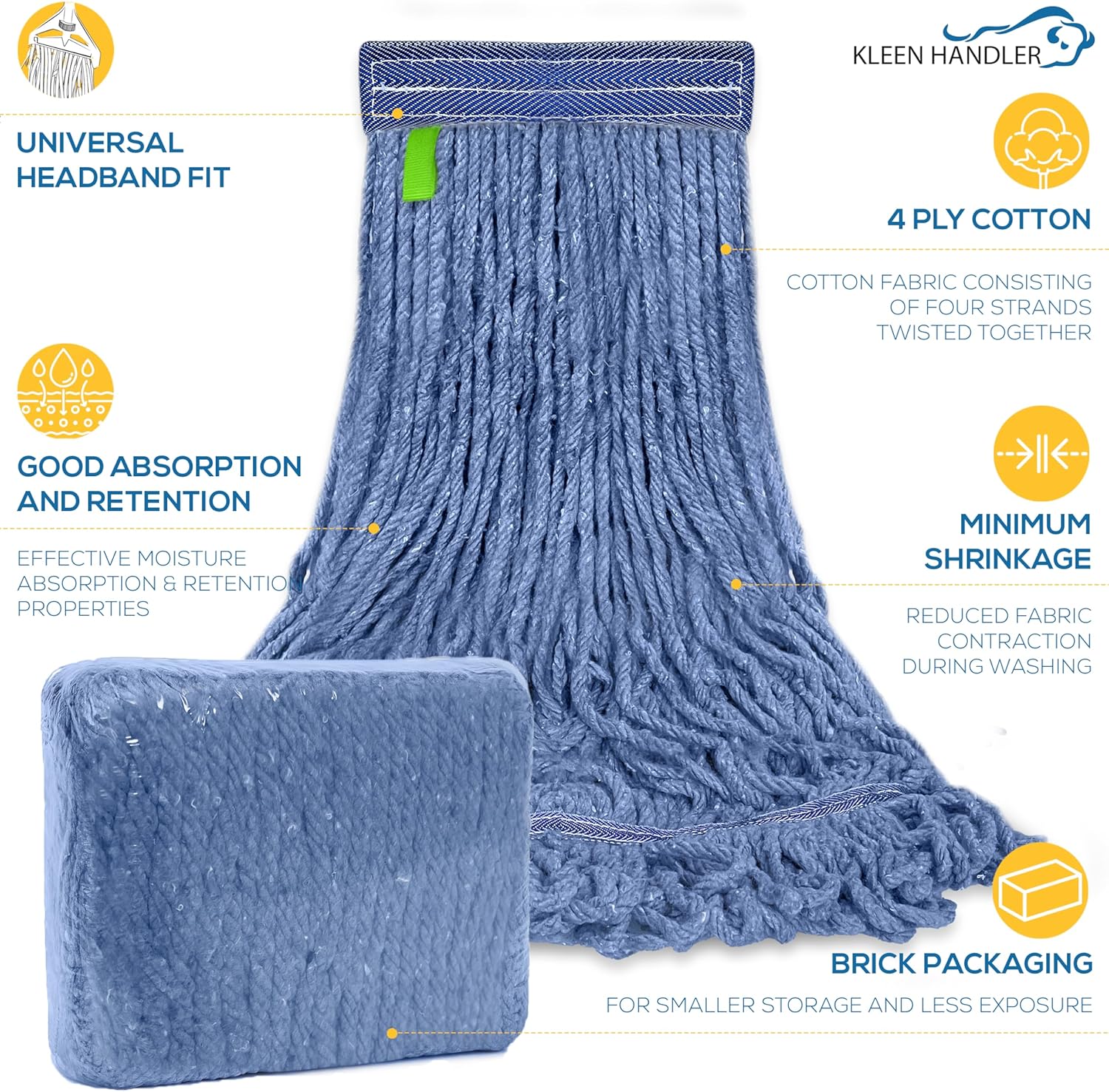 KLEEN HANDLER Blended Loop End Heavy Duty Mop Head Replacement, Wet Mop Refills for Commercial and Household Floor Cleaning, Blue, 20 Oz (6-Pack)
