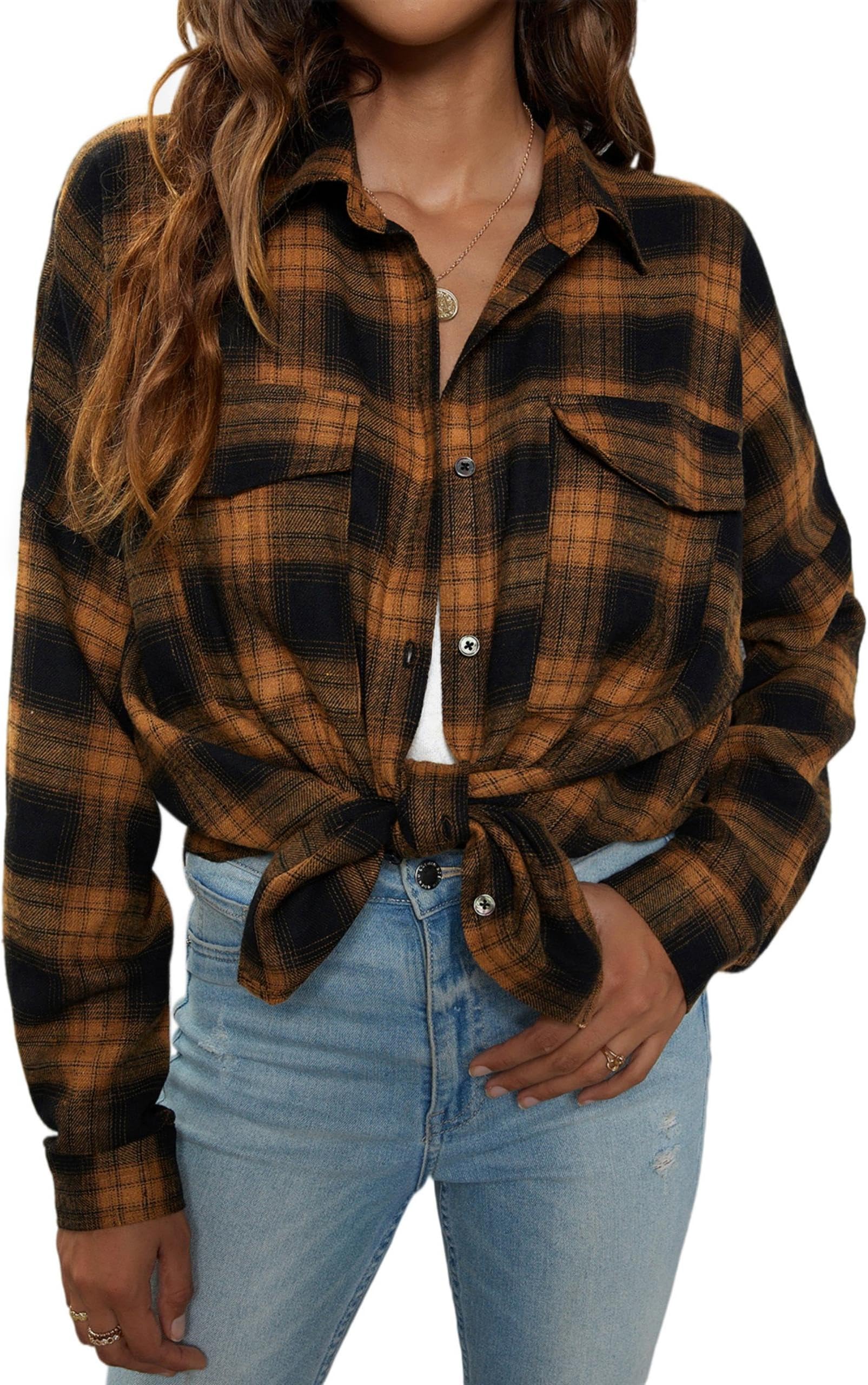 Women's Button Down Flannel Shirts Plaid Shacket Long Sleeve Collared Business Casual Tops Work Blouses