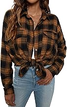 Blooming Jelly Women's Button Down Flannel Shirts Plaid Shacket Long Sleeve Collared Business Casual Tops Work Blouses