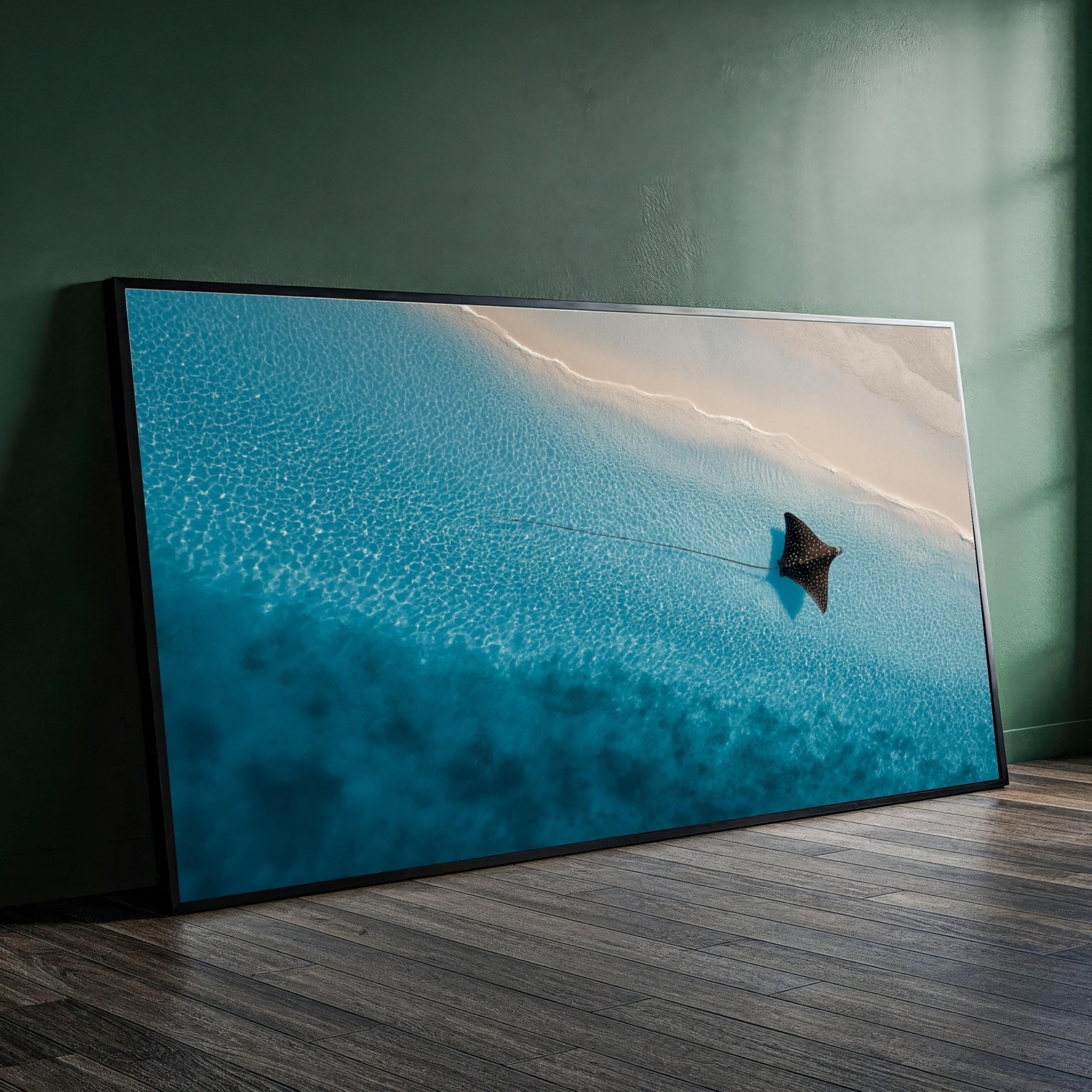 XBTYKPB Ocean Shoreline with Spotted Eagle Ray, Aerial Beach Canvas Wall Art, Coastal Marine Decor, Sea Canvas, Ready to Hang(21x30cm/Frameless)