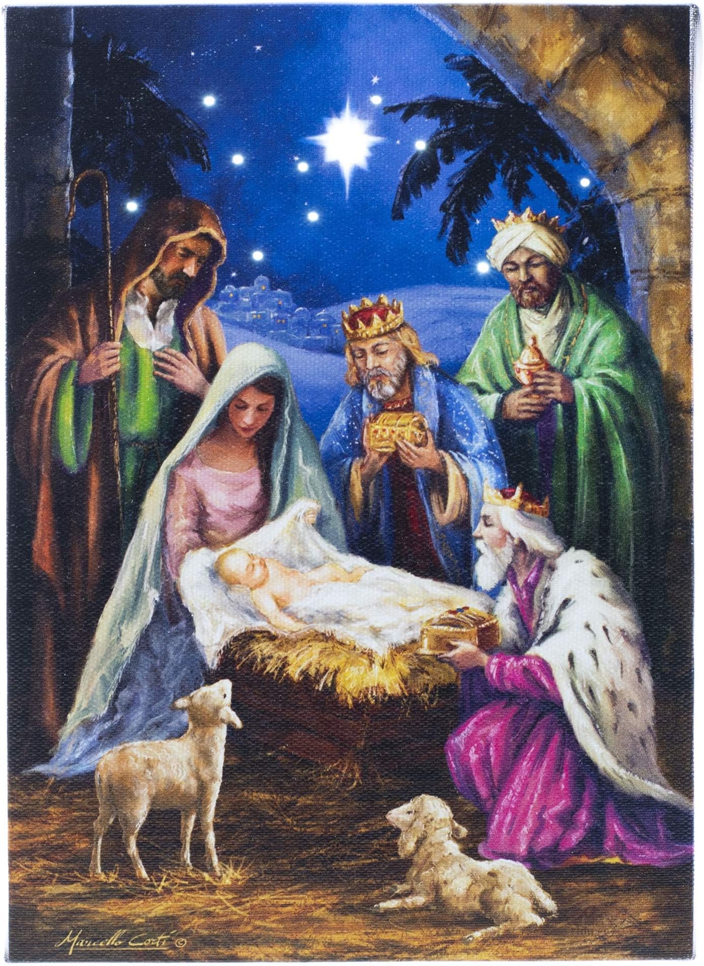 Oak Street Christmas Winter Scenes LED Art 8"x6" Tabletop Canvas Light up Picture 6 Hour Timer (8"x6", O Holy Night Nativity OSW197357)
