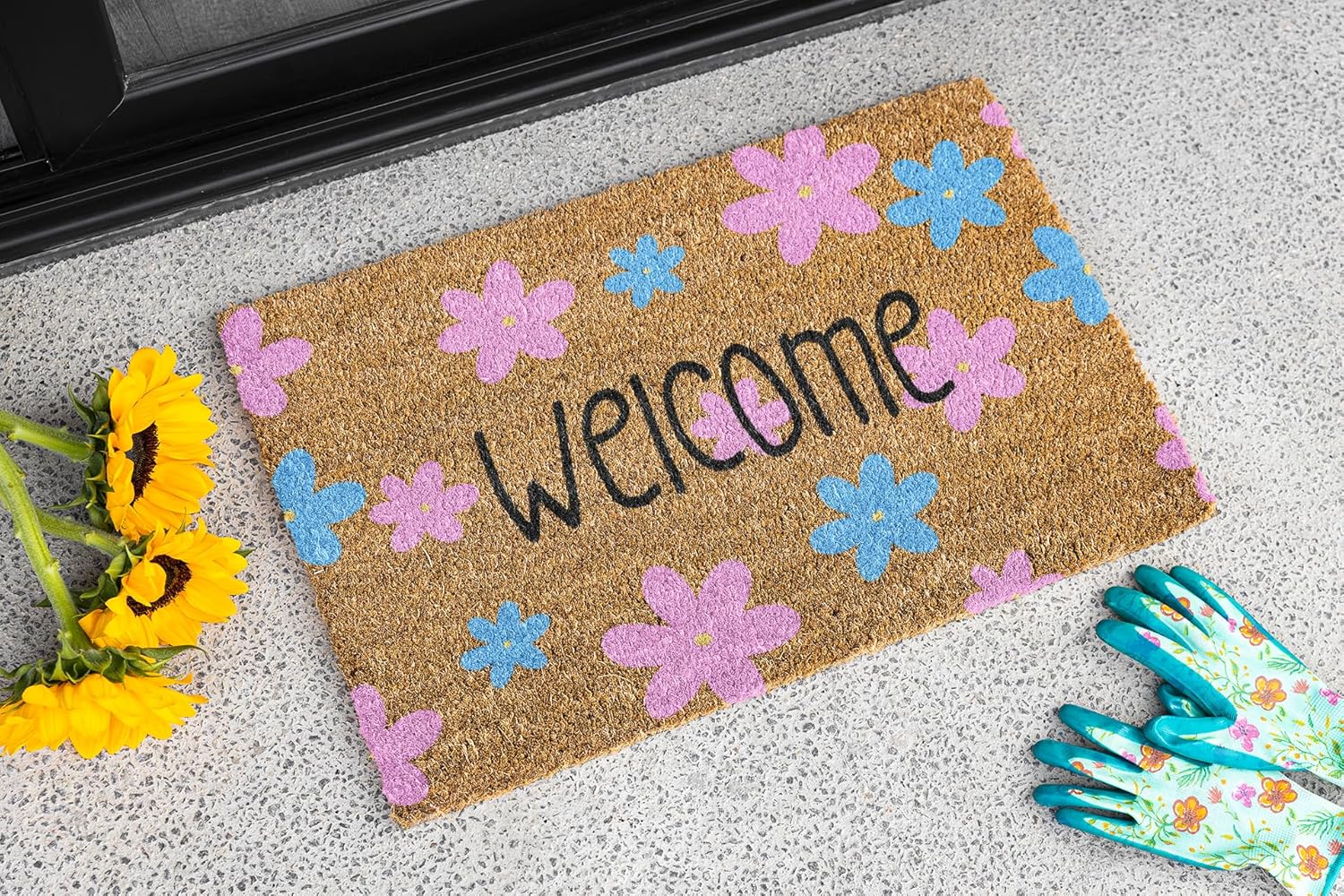 Generic Floral Welcome Mats - Pink & Blue - Flower Outdoor Door mat - Colorful Spring Door Mat Indoor Entrance Cute Decorative Outdoor Doormats Non Slip Outside Door Mats for Front Door Rugs