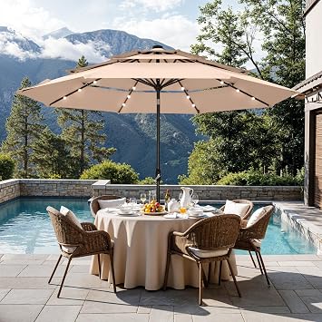 10ft Patio Umbrellas 3-Tier Outdoor Umbrellas with 24 LED lights, Beige