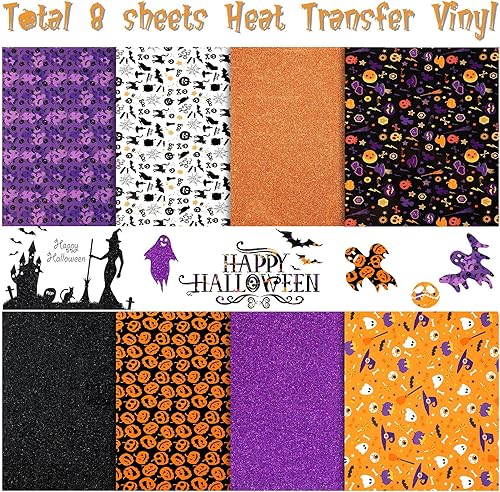 Miniatura 2 de 8 hojas de vinilo de transferencia de calor de Halloween con purpurina HTV de 9.8 x 12 pulgadas, vinilo para planchar de otoño naranja, calabaza,