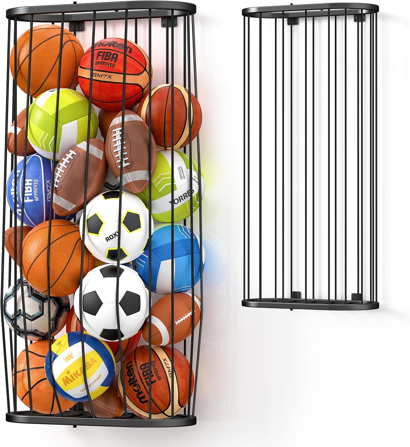Adjustable Height Ball Storage, Large Wall-Mounted Basketball Holder Rack, Gym Garage Outdoor Ball Rack with Elastic Rope, Sports Equipment Organizer