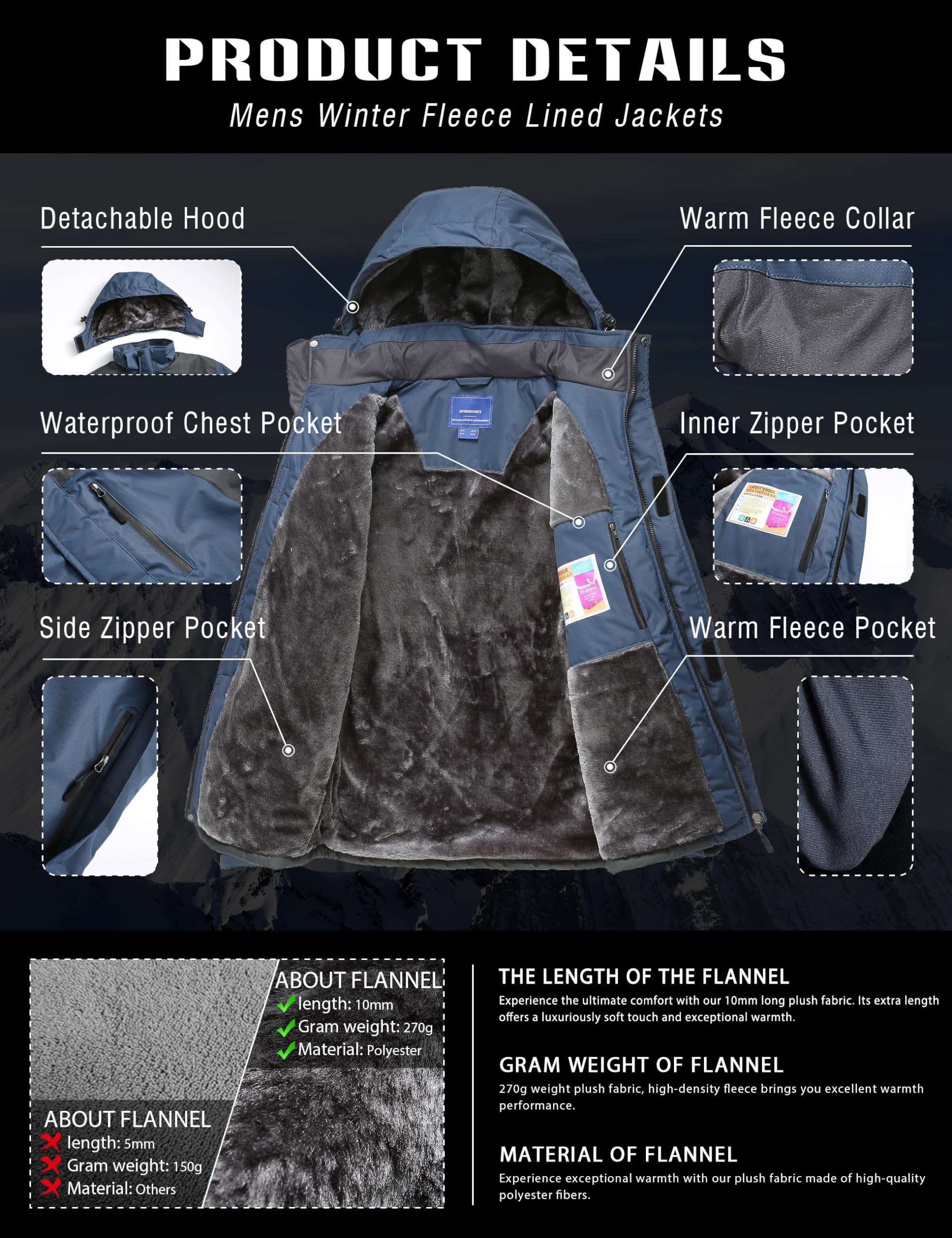 Zzkouine Impermeabile Giacca Da Montagna In Pile Da Uomo Giacca Da Sci Calda Multi-Tasche Adatto Per Sport Invernali E Attività Outdoor In Montagna Antivento Impermeabile E Traspirante