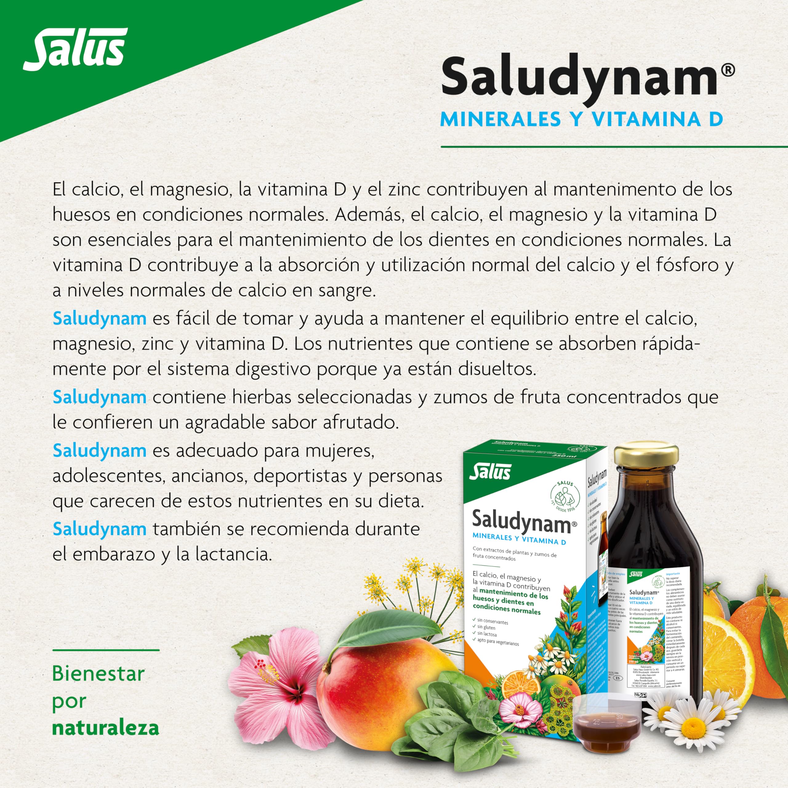 Salus - Saludynam Complemento Alimenticio - 250 ml - Contribuye al Mantenimiento de Huesos y Dientes - Contiene Calcio, Magnesio, Zinc, Vitamina D, Extractos Herbales y Zumos de Frutas (Paquete de 4)