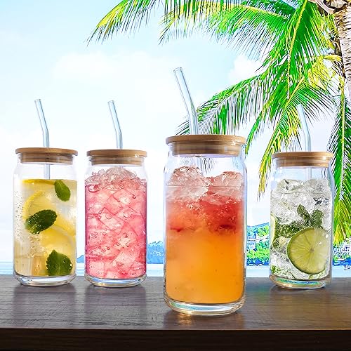 Miniatura 4 de Vasos para beber con tapas de bambú, popotes reutilizables, cepillo de limpieza, para café caliente y helado, té, vino, cóctel, cerveza,