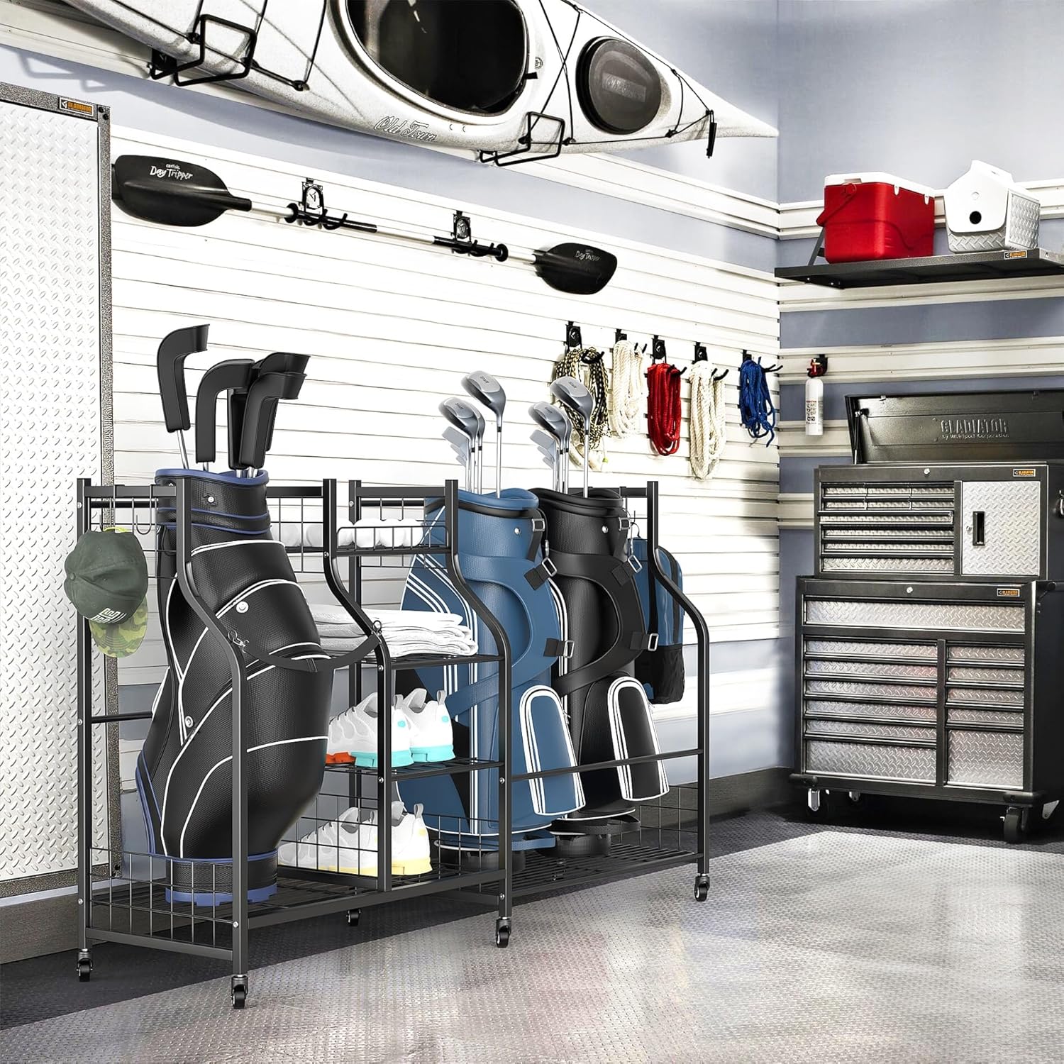 WALMANN Garage Golf Bag Stand, Large Golf Bag Storage with Golfing Accessories Storage Shelves Rolling Golf Bags Organizer