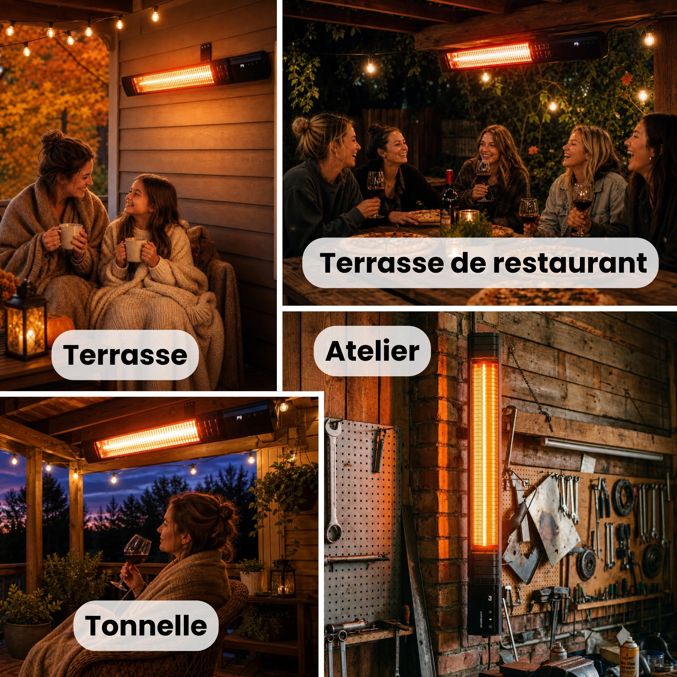 Radiateur infrarouge 2500W WiFi, 9 Niveaux, IP65, Carbone, Chauffage exterieur terrasse, Chauffage d'appoint, Radiateur electrique, Chauffage electrique RAY, Garage, Maison, Atelier