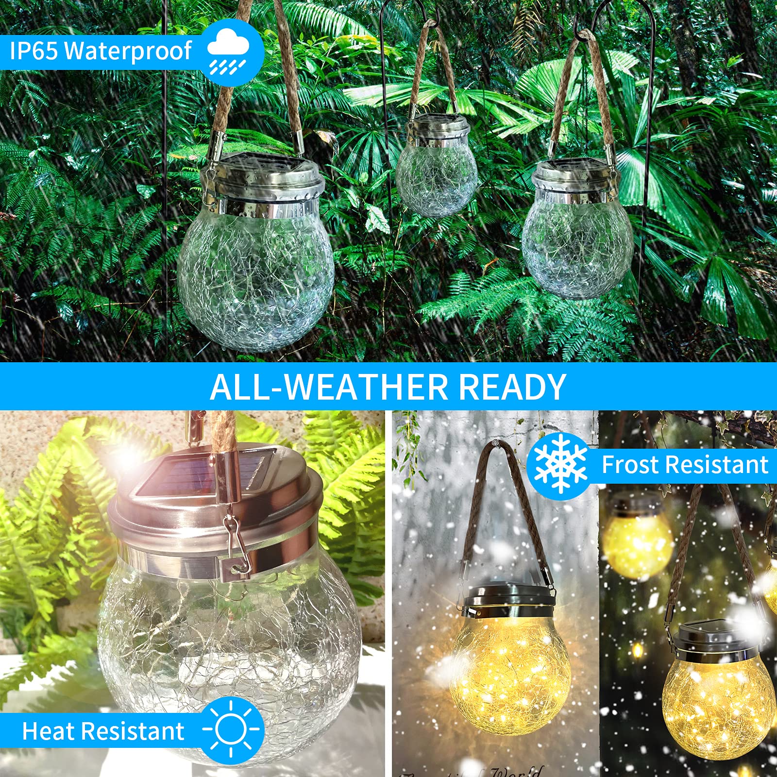 XVZ Lanterne Da Esterno, 2 Pezzi IP65 Impermeabili Lampade Solari Sospese in vetro sferico per Giardini, Cortili, Alberi, Gazebo, Natale, Feste - Bianco Caldo