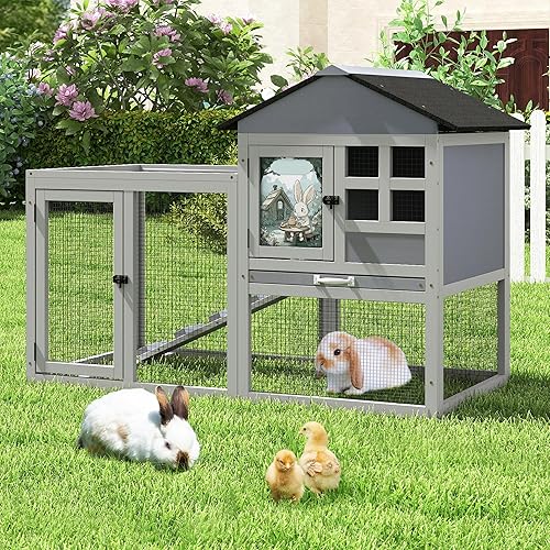 48" L Large Rabbit Hutch Outdoor Indoor, Expandable 2-Story Wooden Bunny Cage with Run, Removale Tray, 3 Entrances, Grey + Colorful Pattern