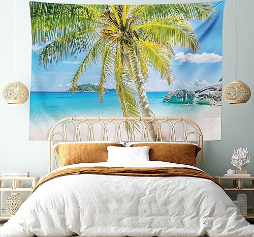 Vista 5 de Lunarable Tapiz de palmera tamaño King, maravillas del mundo escena de playa con rocas y personas que nadan, impresión de imagen para colgar