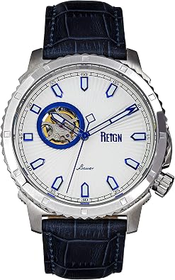 Reign Bauer Automatic Semi-Skeleton Leather-Band Watch, Silver/Blue, One Size, REIRN6003