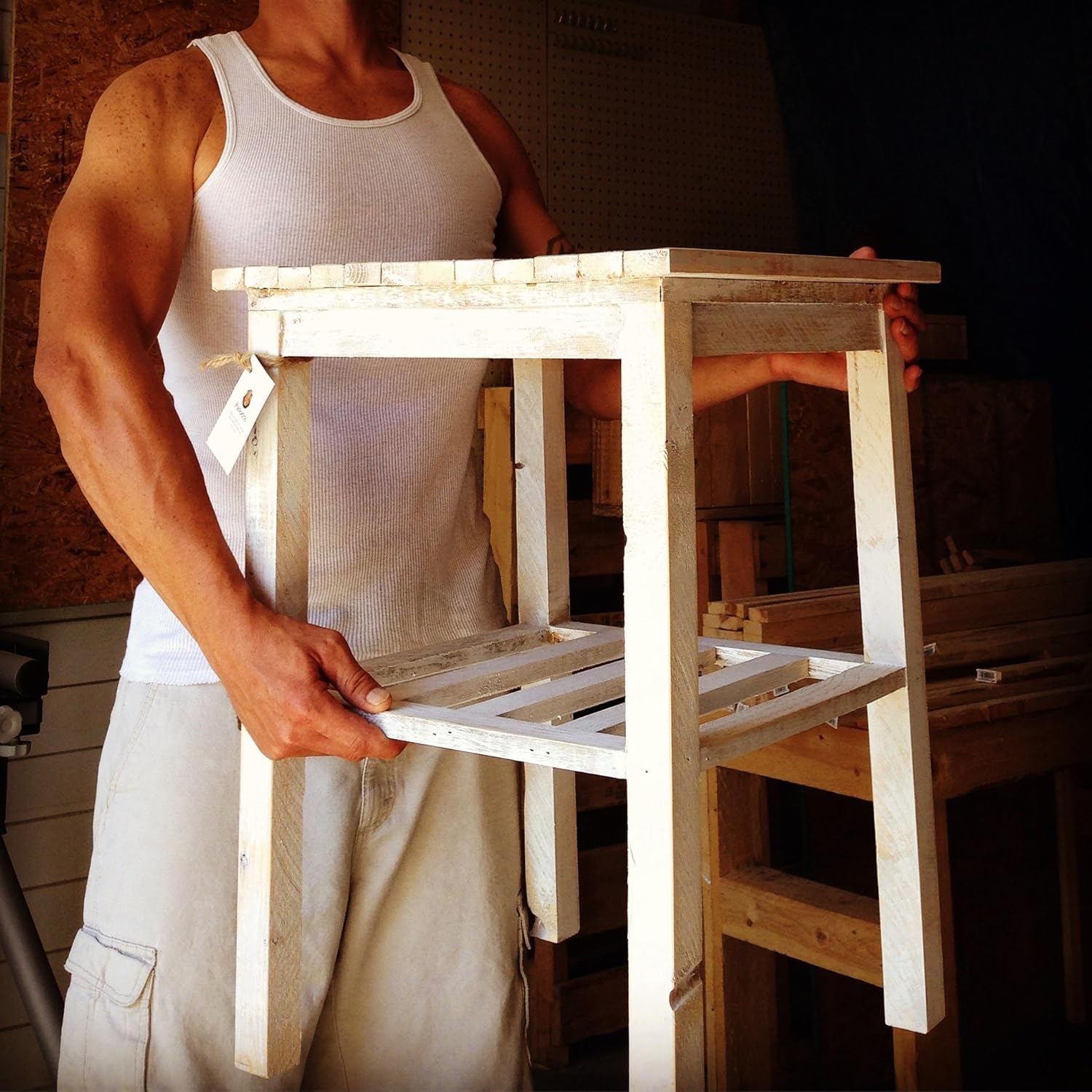 Wood White Washed End Table, Rustic White Washed End Table