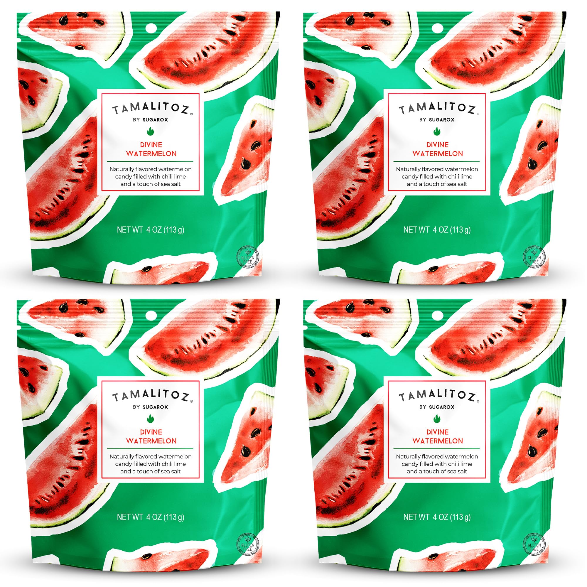 Tamalitoz Divine Watermelon – Spicy Watermelon Mexican Hard Candy Filled with Chile, Lime & Sea Salt – Handcrafted Fruit Candy, Gluten-Free, Kosher, No Artificial Colors, 4 Bags – 4oz Each