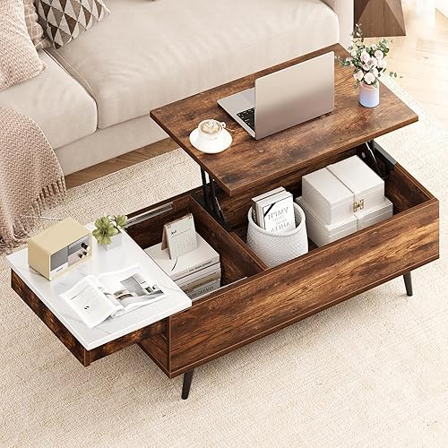 Miniatura 6 de IDEALHOUSE Mesa auxiliar elevadora 2024, mesa auxiliar de madera con estante de almacenamiento, compartimento oculto y barra de elevación hidráulica