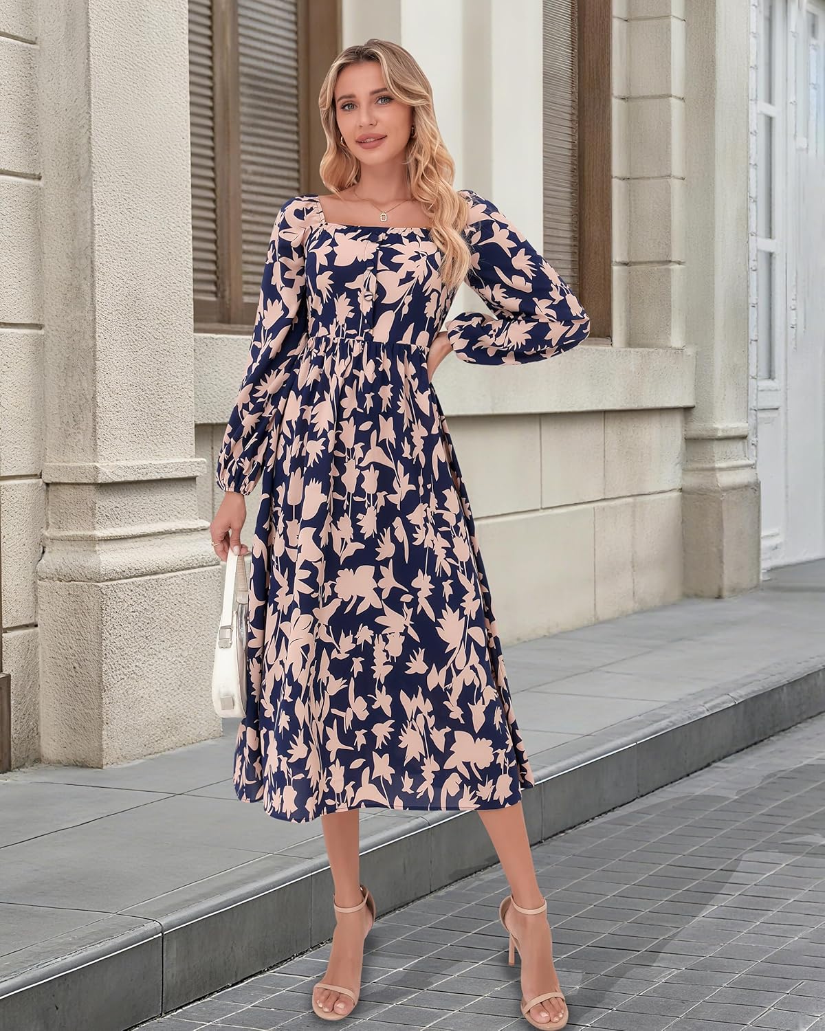 Women's Long Sleeve Button Decor Dress Boho Flowy Square Neck Maxi Dress 2025 Fall Casual Trendy Dresses - Image 4