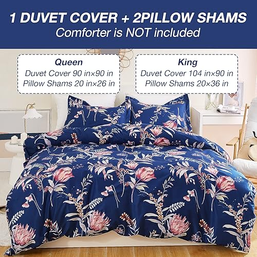 Miniatura 3 de JSD Juego de funda de edredón floral azul marino, 3 piezas, funda de edredón de microfibra suave estampada con cierre de cremallera y lazos en las