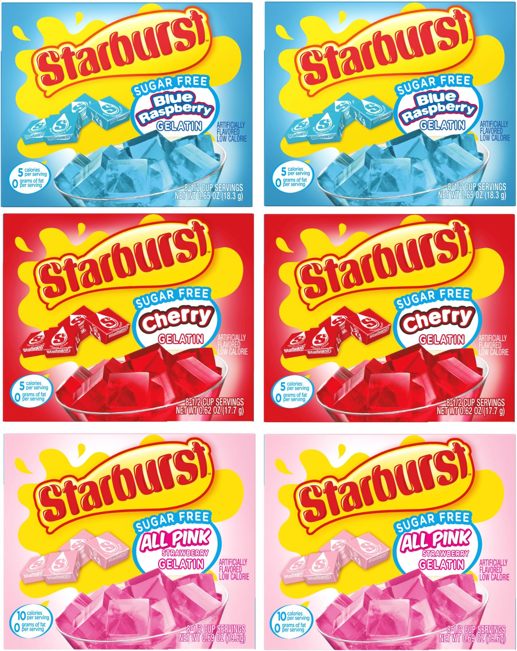 The Jel Sert Company Star burst Sugar Free Gelatin Variety Pack - Pack of 6-3 Flavors - 2 of Each Flavor - Strawberry, Blue Raspberry, and Cherry - Easy to Make for a Variety of Uses