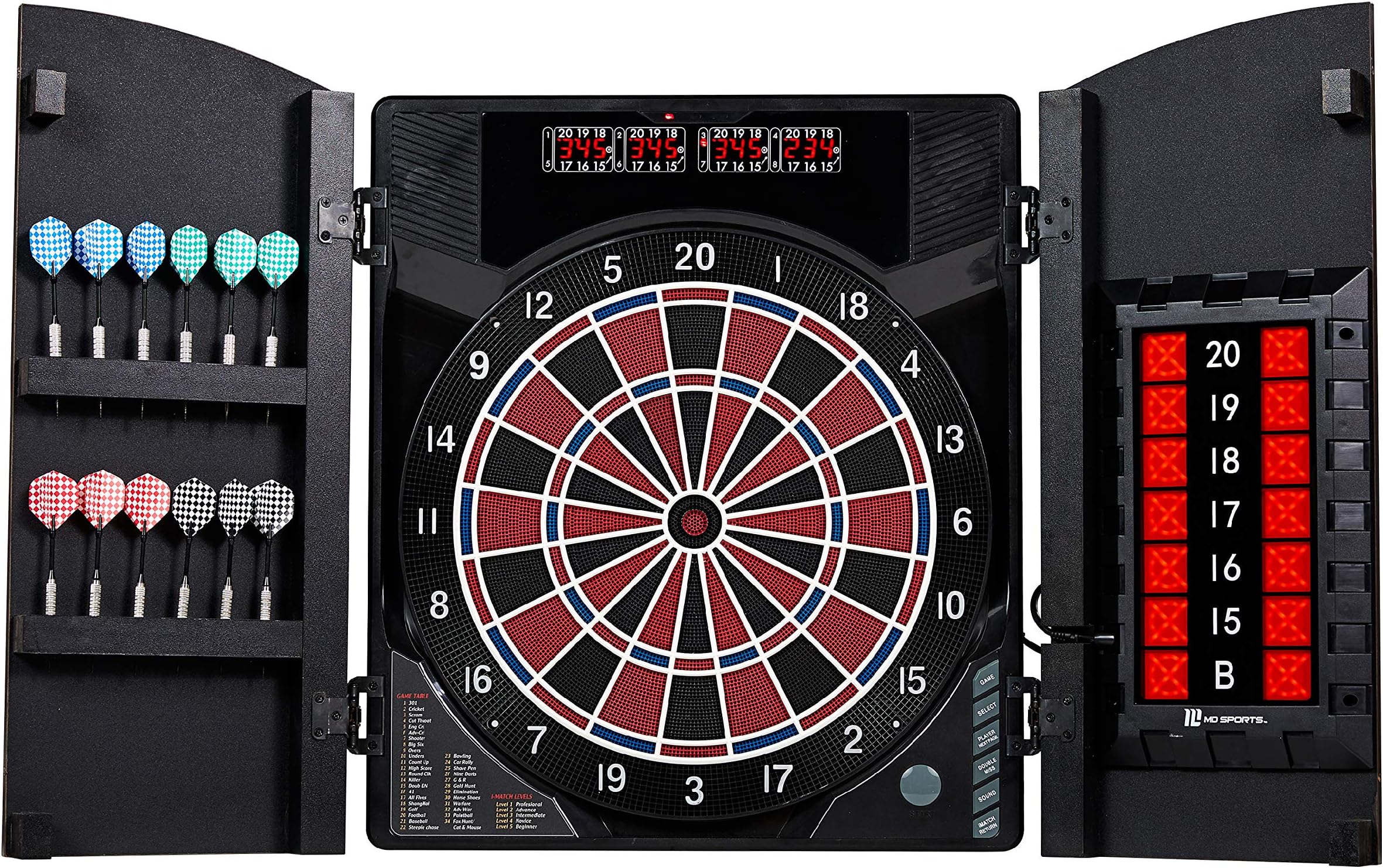MD Sports New Haven Electronic Dartboard with Cabinet, Brown/Black
