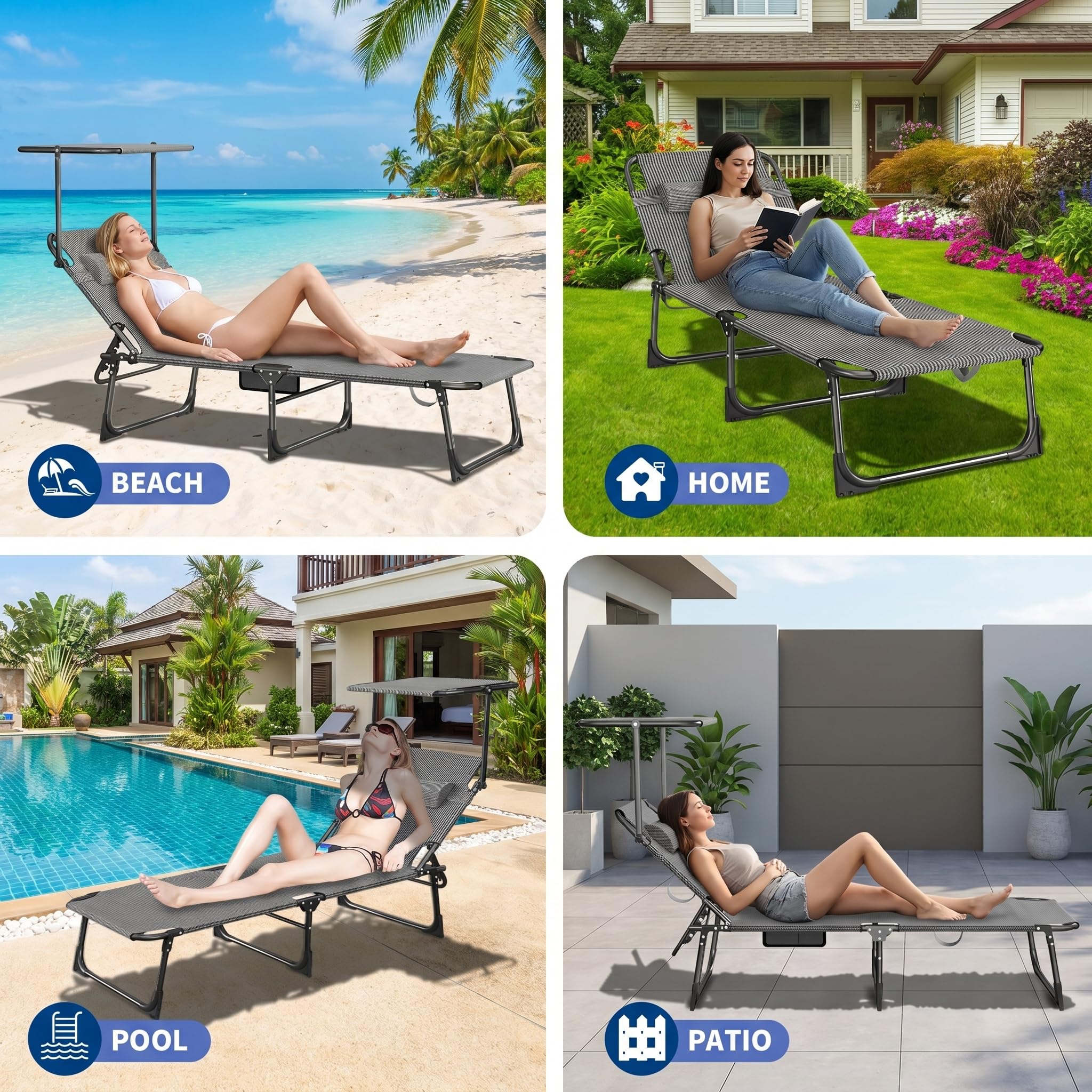 Sonnenliege klappbar mit Dach, Gartenliege 194 x 67,5 x 29 cm, Liegestuhl mit Verstellbarer Rückenlehne & Kopfkissen, Faltbare Campingliegefür Strand-Pool-Garten, bis 120 kg, Schwarz