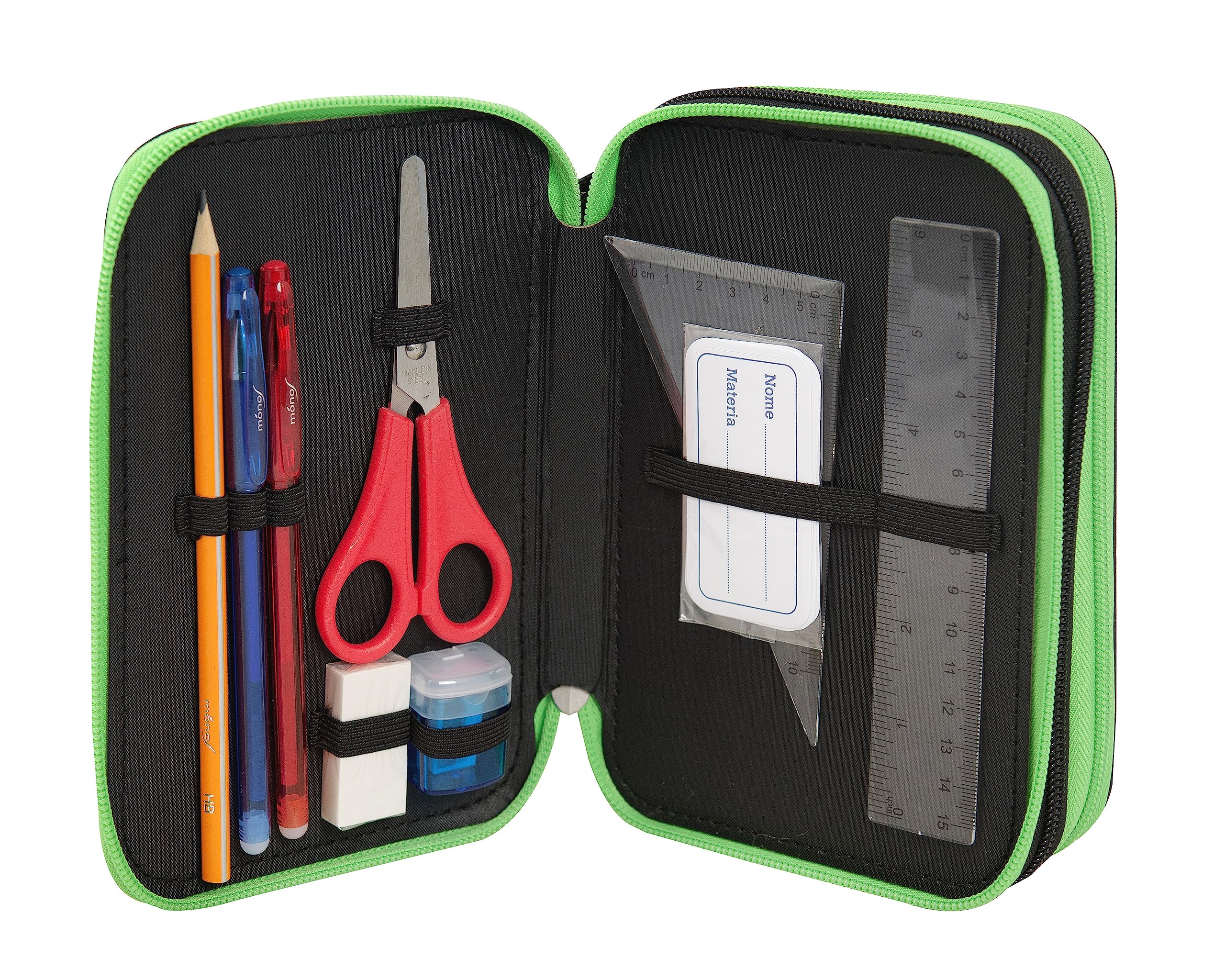 Franco Cosimo Panini Minecraft - Trousse à 3 Compartiments pour Fille et Enfant avec Papeterie Scolaire intégrée et Compartiments Porte-Stylo + Stylo effaçable – Grande Trousse Scolaire, Vert – 20 x