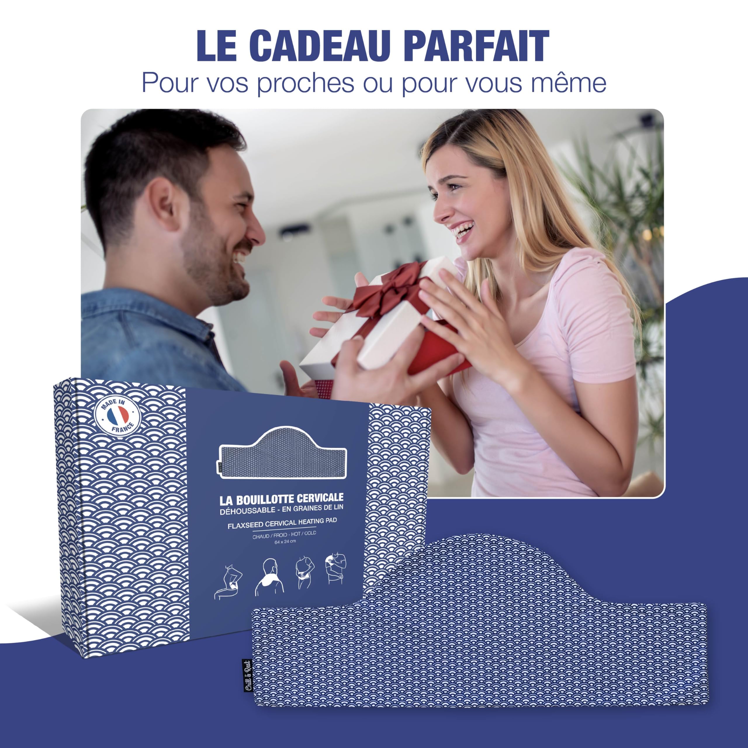 Chill&Rest - Bouillotte cervicales micro onde déhoussable - Fabriquée en France - Coussin chauffant dos - Graines de lin - Masque migraine - Bouillotte ventre - Collier cervical - Bleu - La Segaiha