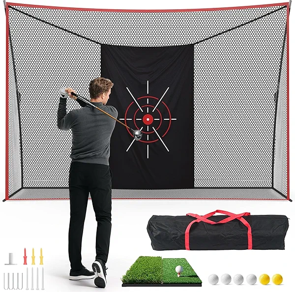 Golf Net, 10x7ft Heavy Duty Golf Practice Nets with Mat, Target Cloth, 8 Tees, 6 Balls, Carry Bag for Backyard Driving Chipping Indoor Outdoor Training