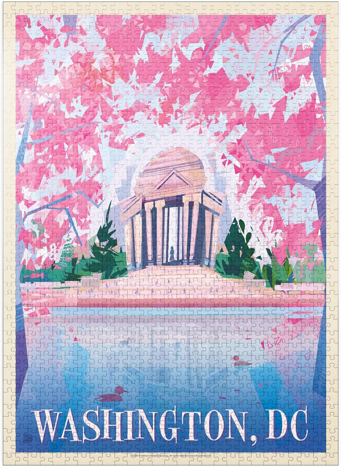 MyPuzzle Washington, DC: Jefferson Memorial in Bloom (Mod Design), Vintage Poster - Premium 500 Piece Jigsaw Puzzle for Adults