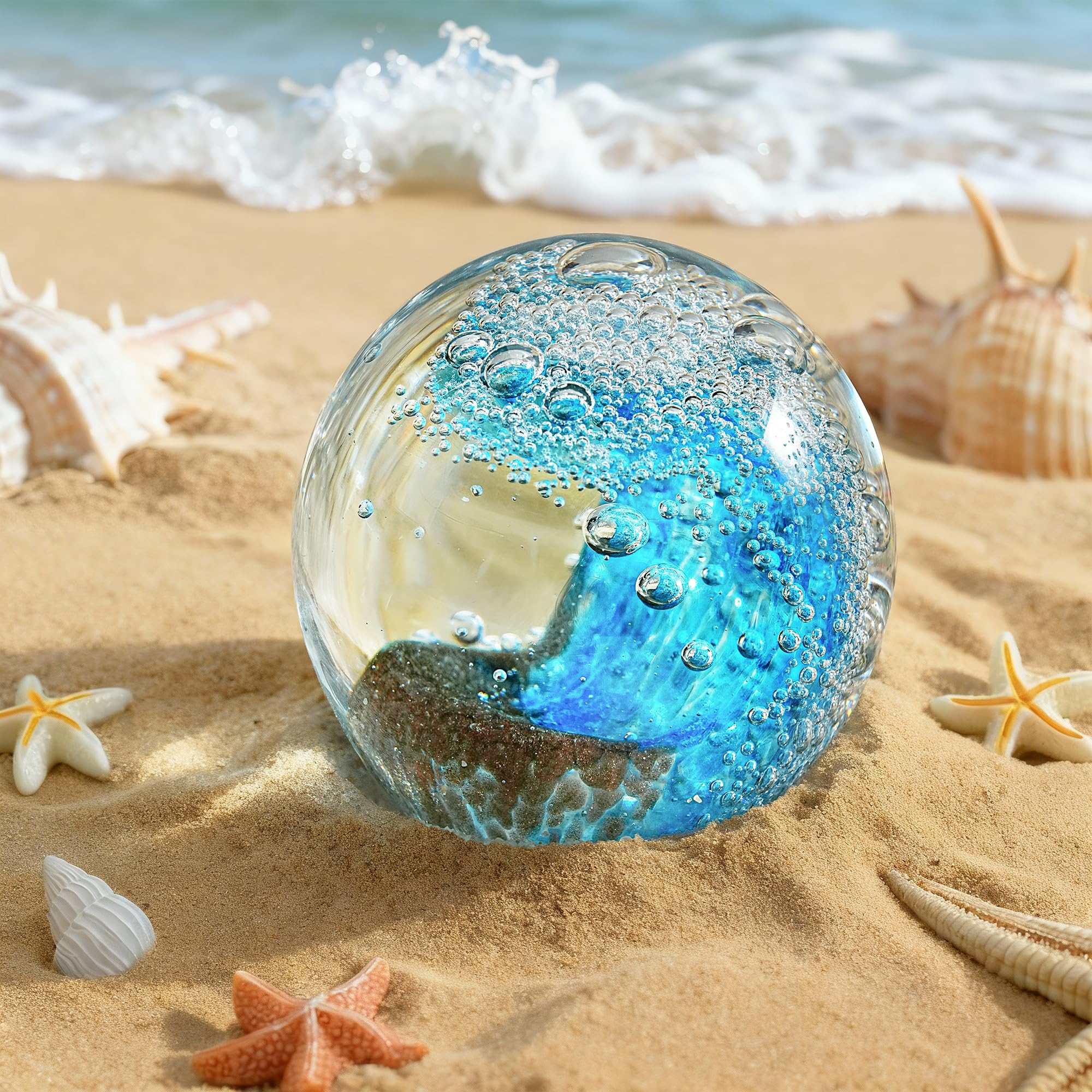 ZEERSHEE Hand Blown Crystal Ball Ocean Wave Desin Collectible Figurines Office Paperweight Decorative Ocean Themed Gifts for Women(Gold)