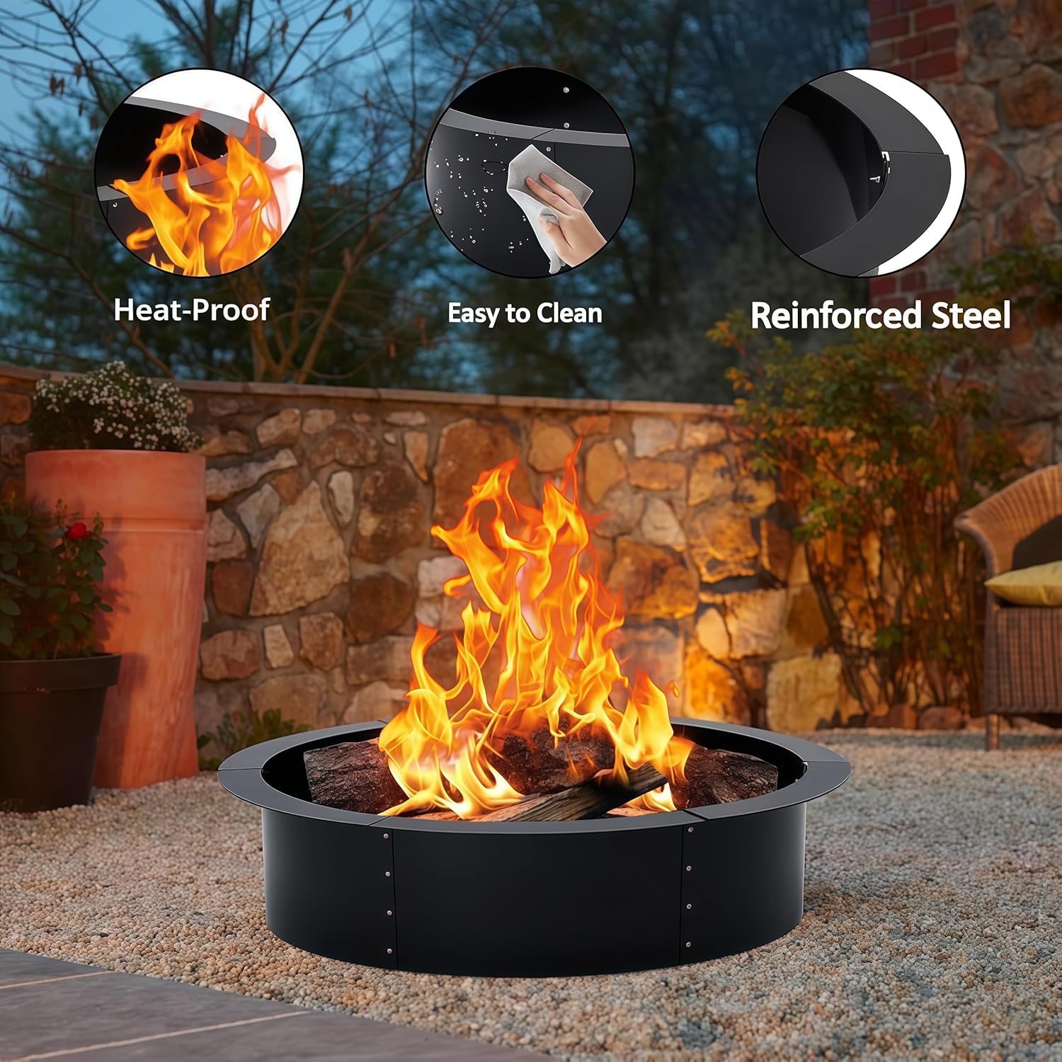 Fire Pit Ring 48 Inch Smokeless Outdoor Fire Pit Heavy Duty Solid Metal Steel Round Rim Insert for DIY in-Ground Campfire Ring Above or Garden Backyard